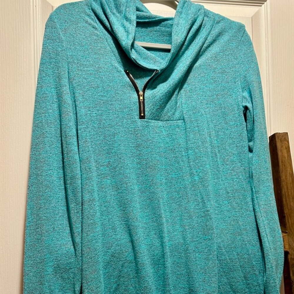 Teal Aqua Turquoise Quarter Zip Cowl Neck Pullover M/L Fit